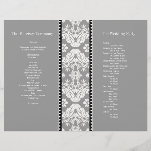 Gray White Damask Hochzeitsprogramm (Rückseite)