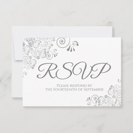 Gray & White Elegant Silver Lace Wedding RSVP Karte (Vorderseite)
