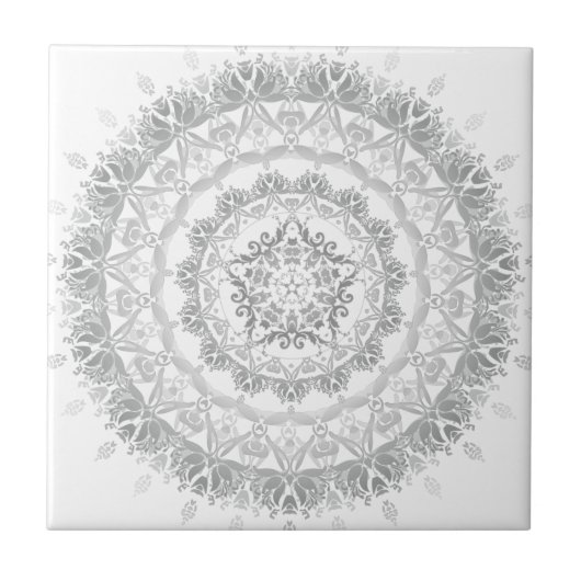 Gray White Floral Damask Mandala Fliese (Vorderseite)