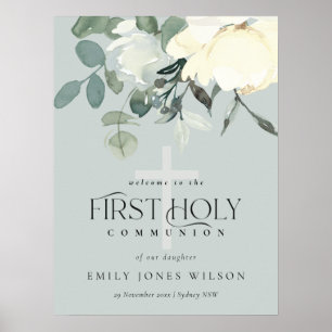 GRAY WHITE FLORAL First HOLY COMMUNION WILLKOMMEN Poster