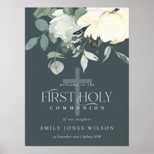 GRAY WHITE FLORAL First HOLY COMMUNION WILLKOMMEN Poster