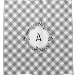 Gray White Gingham Floral Wreath Initial Country Duschvorhang