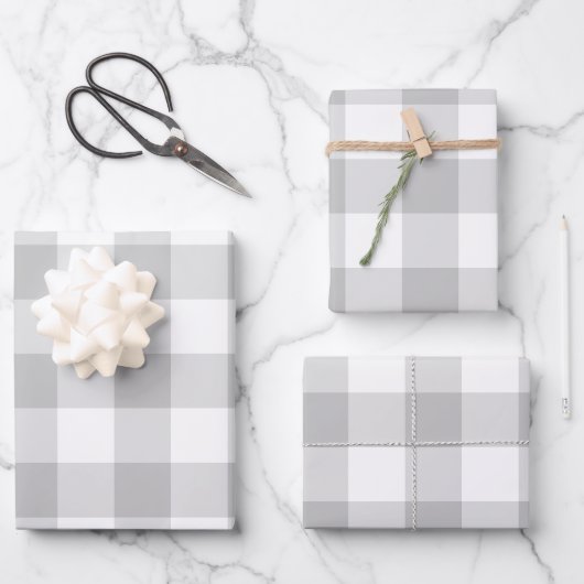 Gray White Gingham Karo Kariert neutraler Bauernho Geschenkpapier Set (Vorderseite)