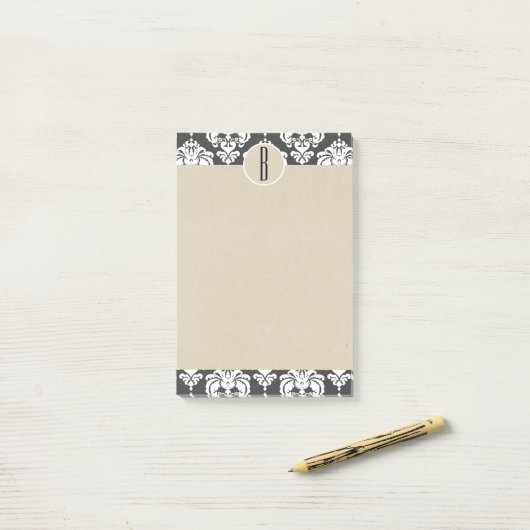 Gray White Glam Damask Kraft Monogram Initial Post-it Klebezettel (Auf Schreibtisch)