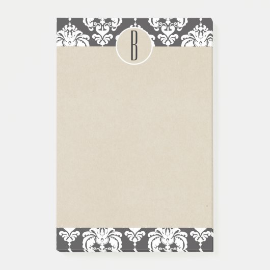 Gray White Glam Damask Kraft Monogram Initial Post-it Klebezettel (Vorderseite)