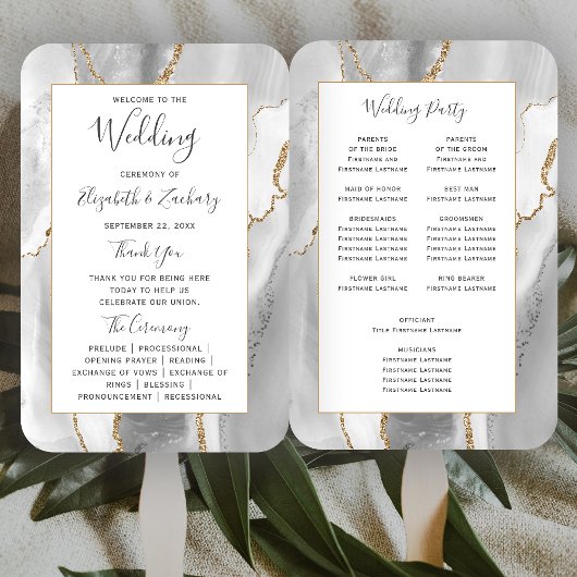 Gray White Gold Agate Wedding Program Fächer