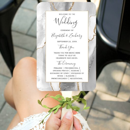Gray White Gold Agate Wedding Program Fächer