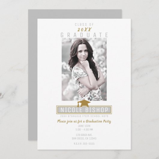 Gray White & Gold Moderne Foto Graduation Party Einladung (Vorne/Hinten)