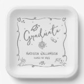 Gray White Hand Drawn Doodles Graduation Fun Retro Pappteller (Vorderseite)