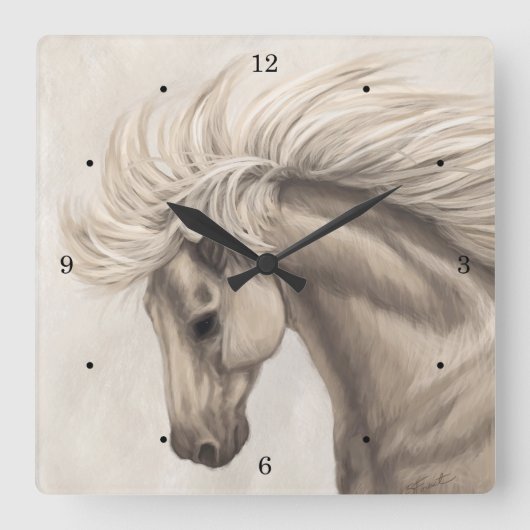 Gray White Ivory Horse Wild Mane Quadratische Wanduhr (Vorderseite)