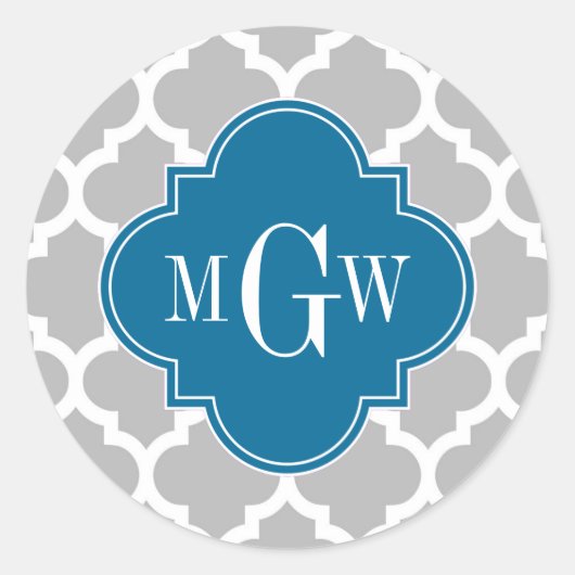 Gray White Marokcan #5 Peacock 3 Initial Monogram Runder Aufkleber (Vorderseite)