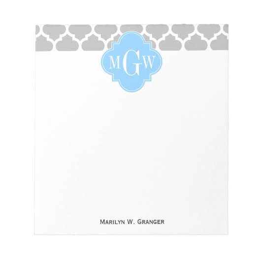 Gray White Marokcan #5 Sky Blue 3 Initial Monogram Notizblock (Vorderseite)