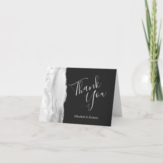 Gray White Silver Agate Dark Wedding Danke Karte (Vorderseite)