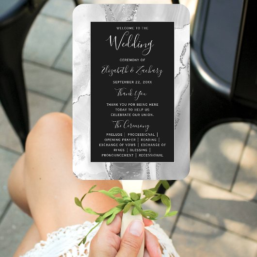 Gray White Silver Agate Dark Wedding Program Fächer