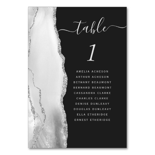 Gray White Silver Agate Dark Wedding Tischnummer (Vorderseite)