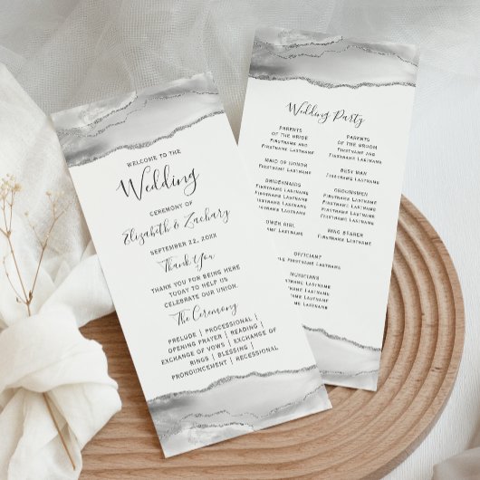 Gray White Silver Agate Wedding Programm