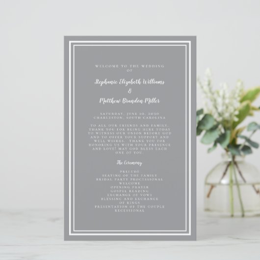 Gray White Wedding Script Budget Zeremony Program (Stehend Vorderseite)