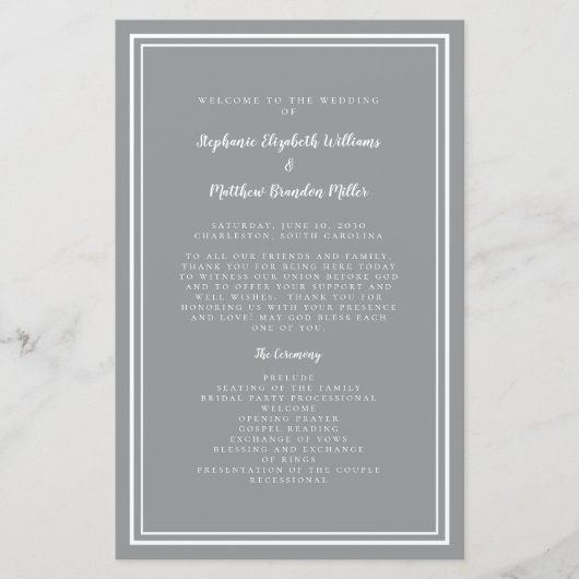 Gray White Wedding Script Budget Zeremony Program (Vorderseite)