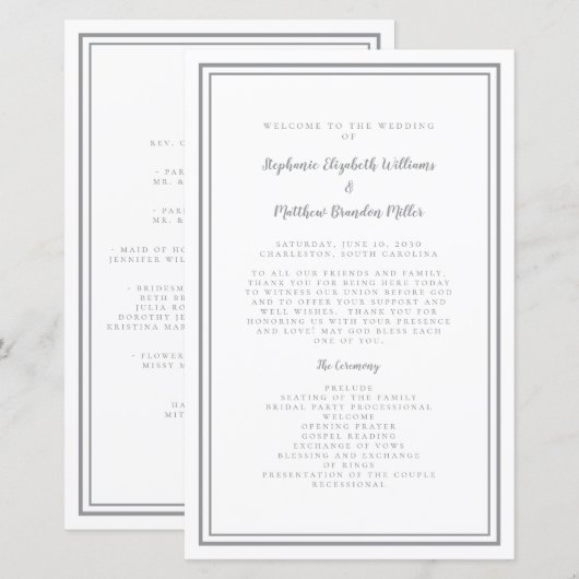 Gray & White Wedding Script Chic Zeremonie Program (Vorne/Hinten)