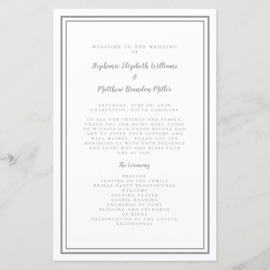 Gray & White Wedding Script Chic Zeremonie Program (Vorderseite)