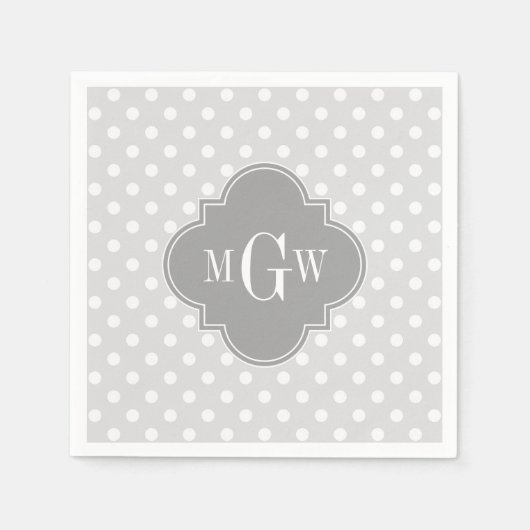 Gray Wht Polka Dots Gray Quatrefolie 3 Monogramm Serviette (Vorderseite)
