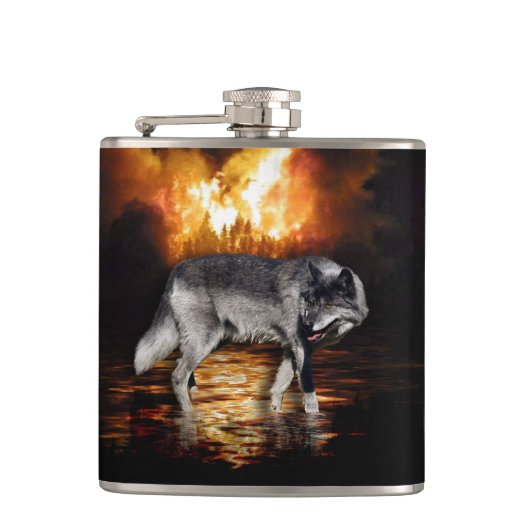 Gray Wolf Feuer Flammen Survivor Flachmann (Vorderseite)