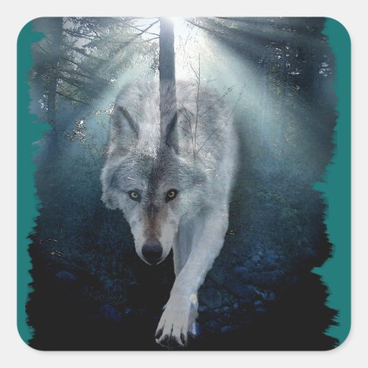 GRAY WOLF & FOREST Wildlife Series Quadratischer Aufkleber (Vorderseite)