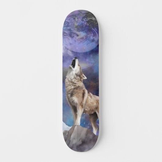 Gray Wolf Howling auf dem Mond Skate Deck Skateboard (Vorderseite)