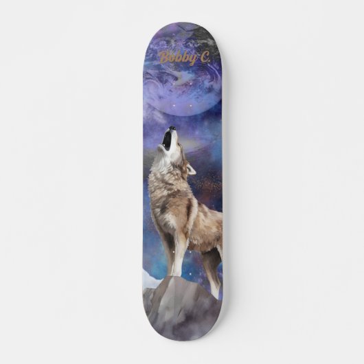 Gray Wolf Howling auf dem Mond Skate Deck Skateboard (Vorne)