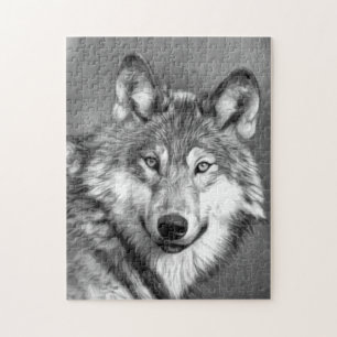 Gray Wolf Kunstmalerei Grafik  Schwarz und Weiß Puzzle