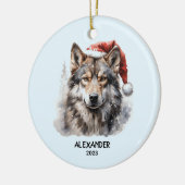 Gray Wolf Red White Weihnachtsmannmütze Personalis Keramik Ornament (Links)