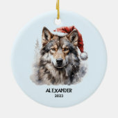 Gray Wolf Red White Weihnachtsmannmütze Personalis Keramik Ornament (Hinten)