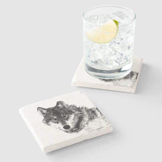 Gray Wolf Sketch Artwork Steinuntersetzer (Seitenansicht)