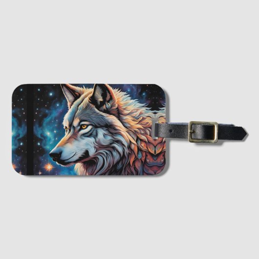 Gray Wolf Starry Night Portrait Gepäckanhänger (Vorderseite (Horizontal))