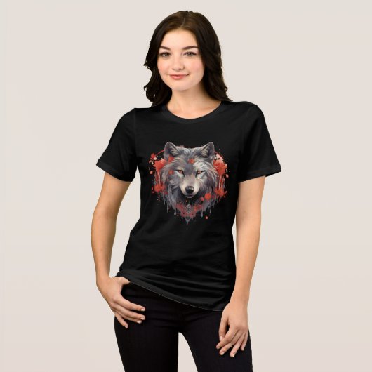 Gray Wolf with Red Flowers Illustration Tri-Blend Shirt (Vorderseite voll)