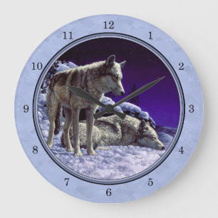 Gray Wolves in Winter Snow at Night Große Wanduhr