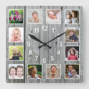 Gray Wood 12 Family Foto Collage Beach House Quadratische Wanduhr
