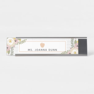 Gray Wood Dusty Floral Teacher Namplate Schreibtischnamensplakette
