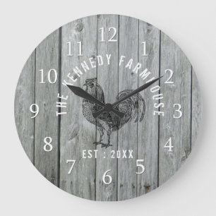 Gray Wood Family Name Farmhouse Rooster Große Wanduhr