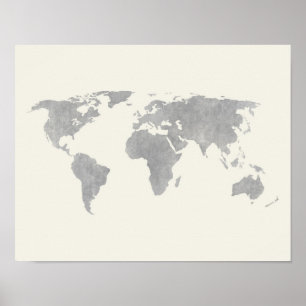 Gray World Map on canvas background Poster