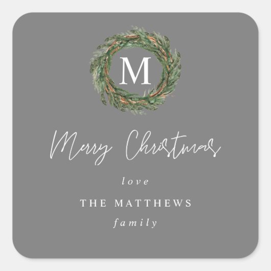 Gray Wreath Monogram Frohe Weihnachtsgeschenke Squ Quadratischer Aufkleber (Vorderseite)