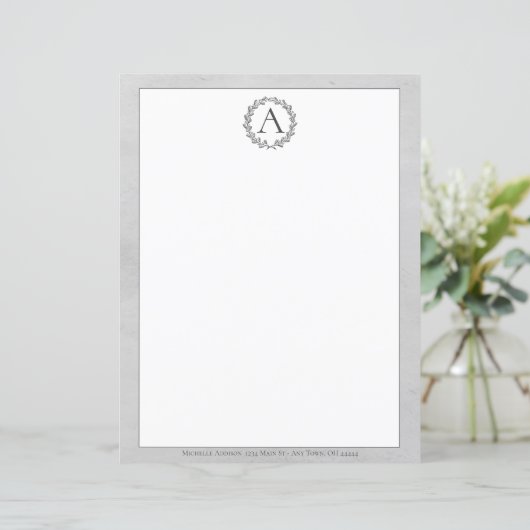 Gray Wreath Monogram Stationery (Stehend Vorderseite)
