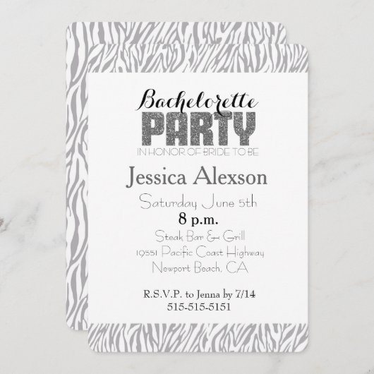 Gray Zebra Print Bachelorette Einladung (Vorne/Hinten)