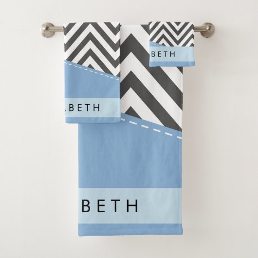 Gray Zigzag, grau Zickzack, blau, Ihr Name Badhandtuch Set (Insitu)