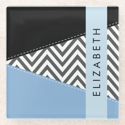 Gray Zigzag, grau Zickzack, blau, Ihr Name Glasuntersetzer (Vorderseite)