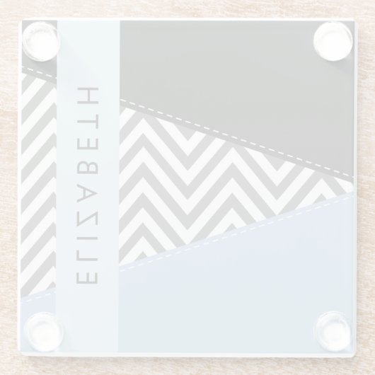 Gray Zigzag, grau Zickzack, blau, Ihr Name Glasuntersetzer (Rückseite)