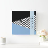 Gray Zigzag, grau Zickzack, blau, Ihr Name Quadratische Wanduhr (Zuhause)