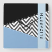 Gray Zigzag, grau Zickzack, blau, Ihr Name Quadratische Wanduhr (Vorderseite)