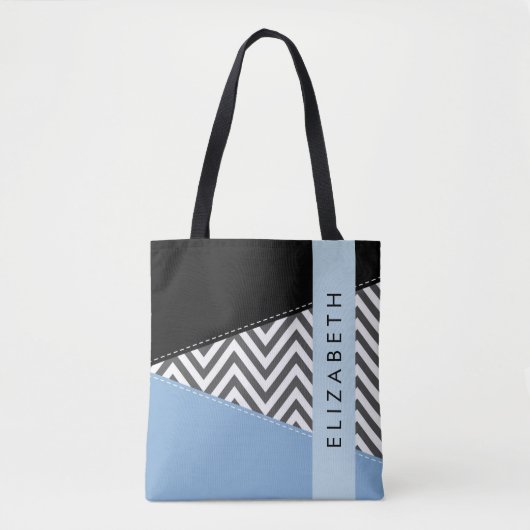 Gray Zigzag, grau Zickzack, blau, Ihr Name Tasche (Vorderseite)