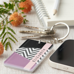 Gray Zigzag, grau Zickzack, Lila, Ihr Name Schlüsselanhänger